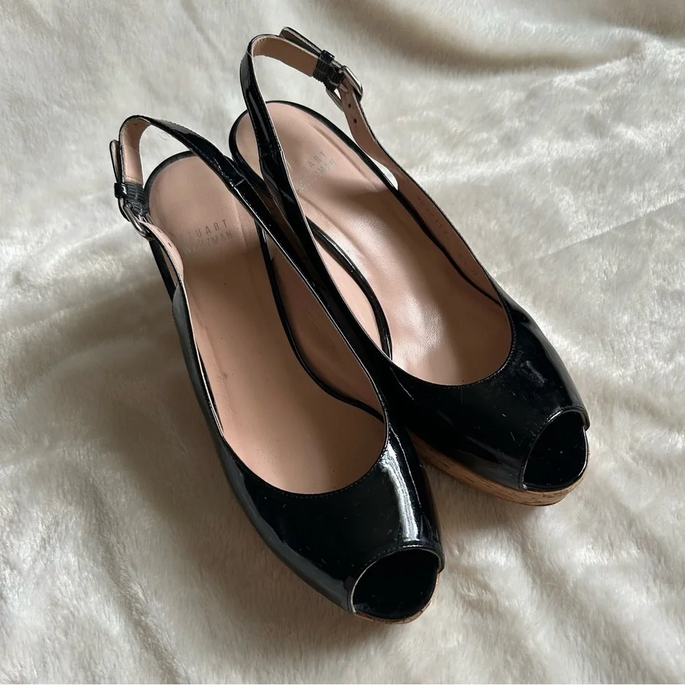 Stuart Weitzman black patent leather jean peep toe cork wedge sandals 9.5 - Picture 2 of 12